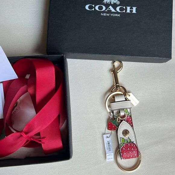 Coach Strawberry Trigger Snap Bag Charm In Signature Canvas Charm Key Holder - Picture 1 of 16